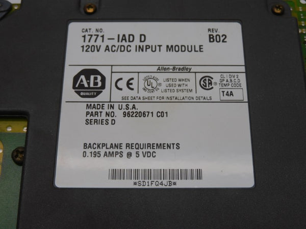 ALLEN BRADLEY 1771-IAD SER. D REV. B02 120VAC/DC 0.195A (NO TERMINAL) UNMP