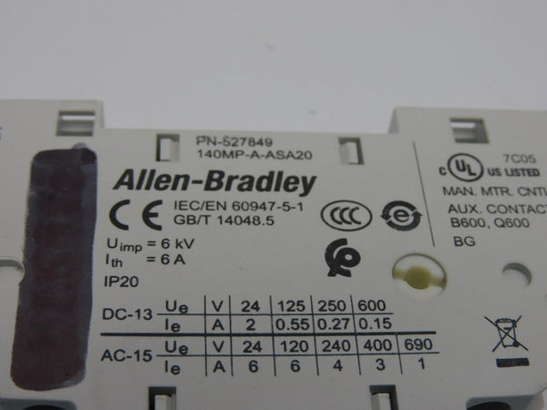 ALLEN BRADLEY 140MP-A-ASA20 SER. A 690V 6A (PKG OF 2) (WH) NSMP