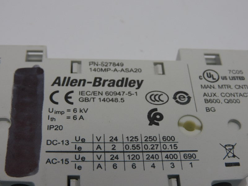 ALLEN BRADLEY 140MP-A-ASA20 SER. A 690V 6A (PKG OF 2) (WH) NSMP