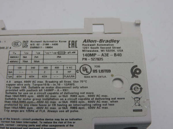 ALLEN BRADLEY 140MP-A-3E-B40 SER. A 690V 2.5-4.0A (WH) NSMP