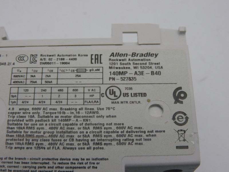 ALLEN BRADLEY 140MP-A-3E-B40 SER. A 690V 2.5-4.0A (WH) NSMP