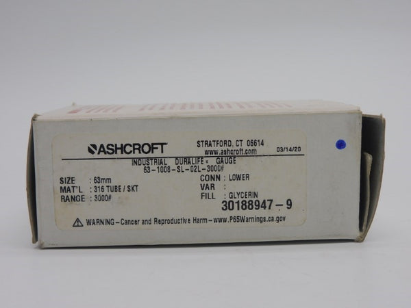 ASHCROFT 63-1008-SL-02L-3000# 3000PSI 63MM NSMP