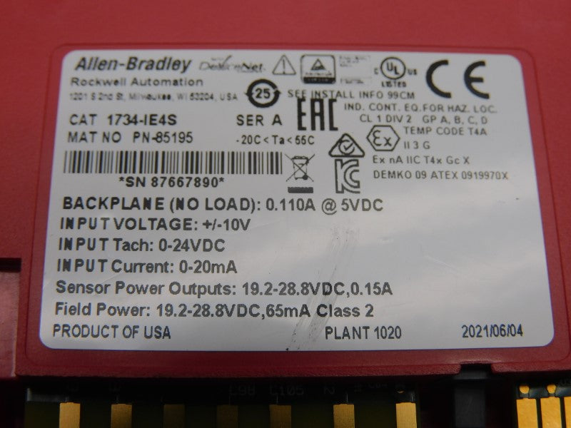 ALLEN BRADLEY 1734-IE4S SER. A 19.2-28.8VDC 0.15A NSMP