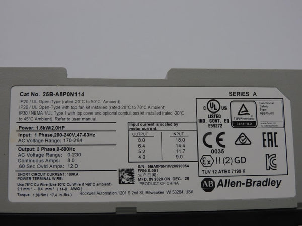 ALLEN BRADLEY 25B-A8P0N114 SER. A F/W 6.001 170-264V 8.0A (AS IS) NSMP