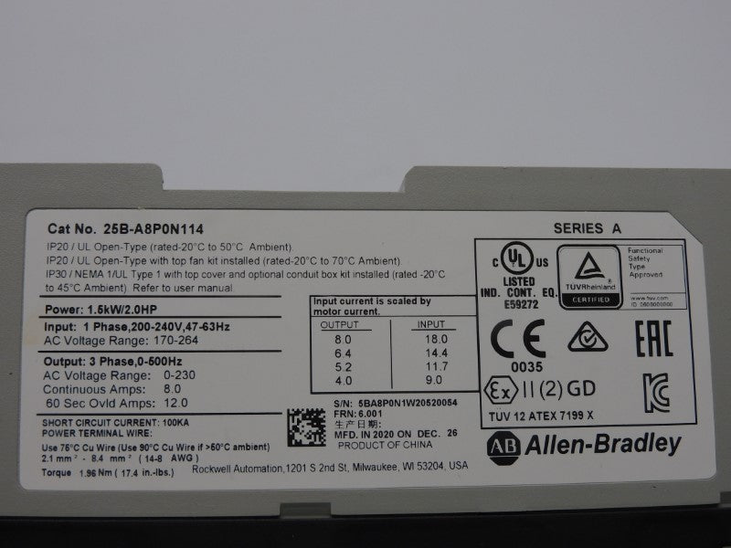 ALLEN BRADLEY 25B-A8P0N114 SER. A F/W 6.001 170-264V 8.0A (AS IS) NSMP