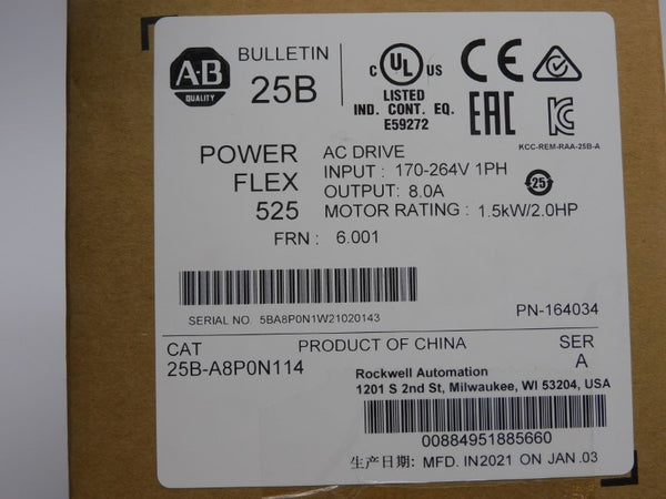 ALLEN BRADLEY 25B-A8P0N114 SER. A F/W 6.001 170-264V 8.0A (AS IS) NSMP