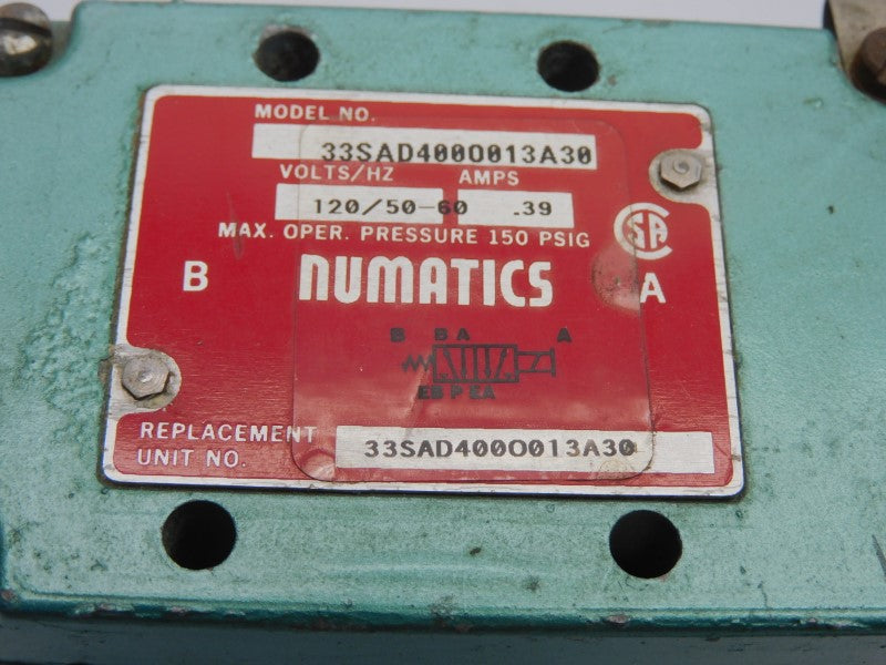 NUMATICS 33SAD400O013A30 120V .39A 150PSI UNMP