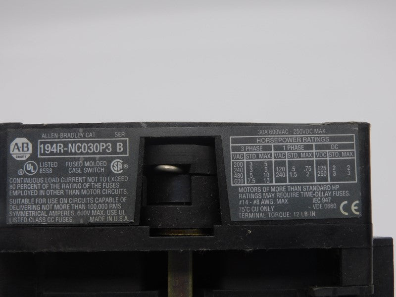 ALLEN BRADLEY 194R-NC030P3 SER. B 600VAC 30A UNMP