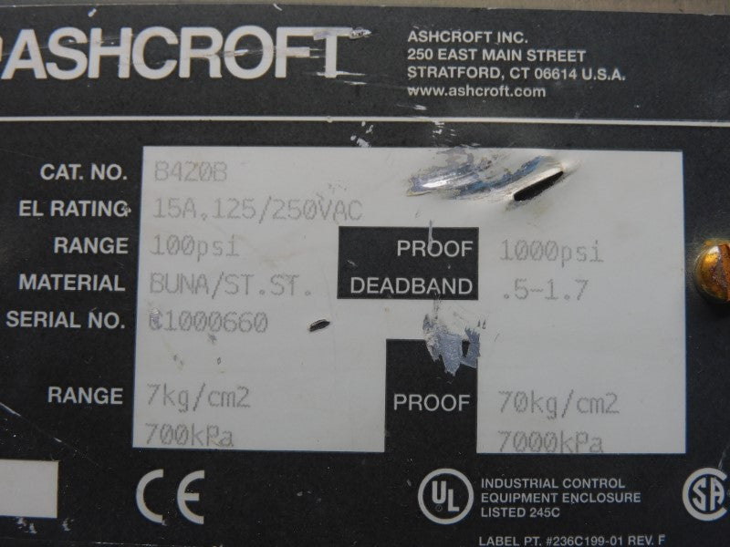 ASHCROFT B420B 125/250VAC 15A 100PSI NSNP