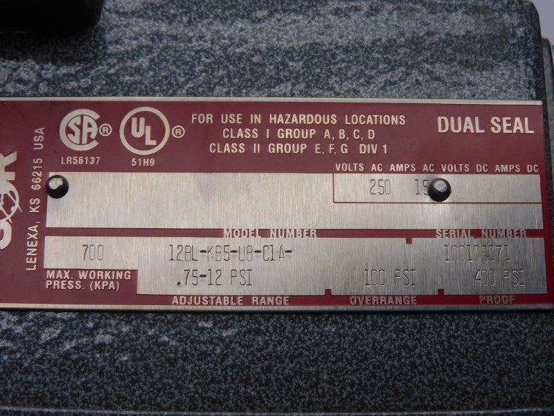 SOR 12BL-KB5-U8-C1A 250VAC 15A .75-12PSI NSNP
