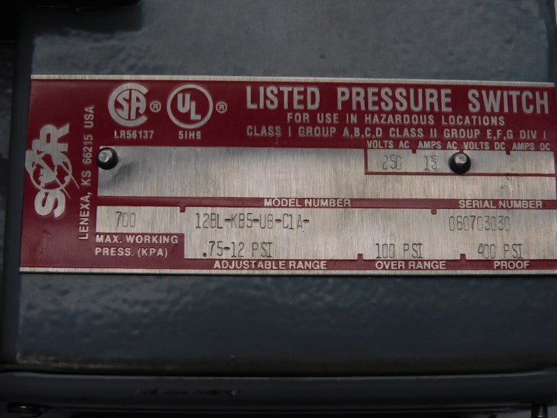 SOR 12BL-KB5-U8-C1A 250VAC 15A .75-12PSI UNMP