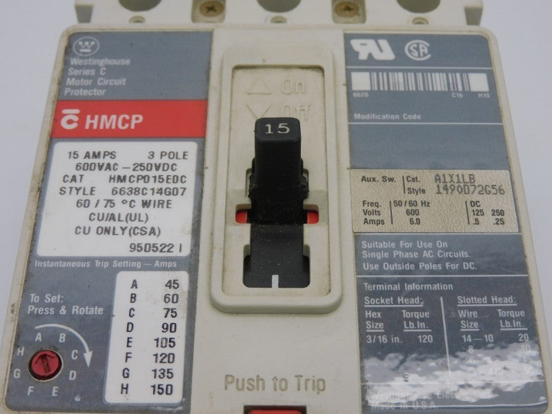 WESTINGHOUSE HMCP015E0C SER. C 600VAC 15A NSNP