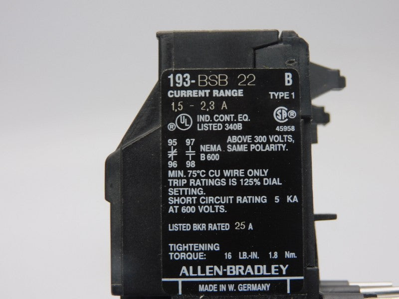 ALLEN BRADLEY 193-BSB22 SER. B 600V 1.5-2.3A (BK/YL)  NSMP