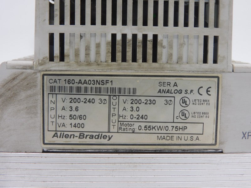 ALLEN BRADLEY 160-AA03NSF1 SER. A F/W 4.04 200-240V 3.6A UNMP