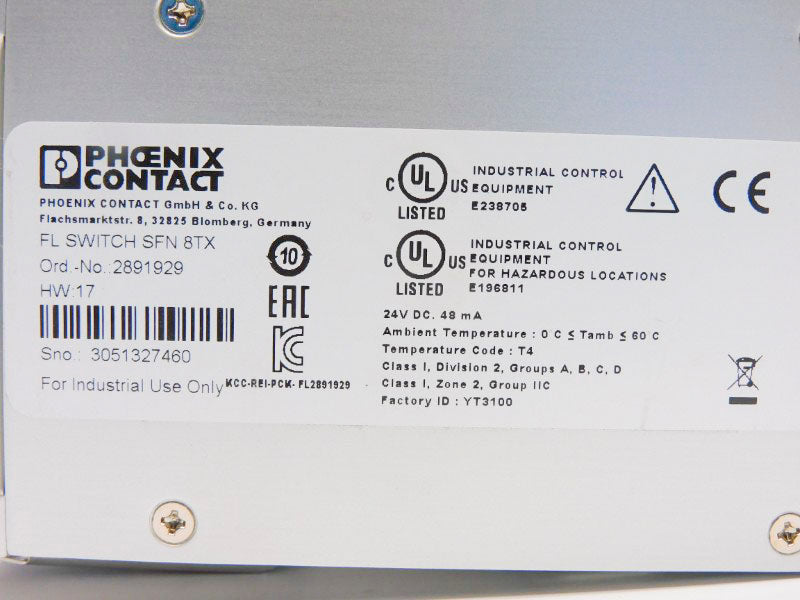 PHOENIX CONTACT FLSWITCHSFN8TX 2891929 VER. 17 24VDC NSNP