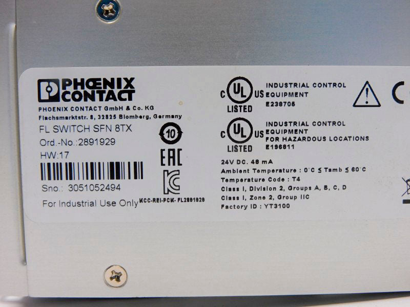 PHOENIX CONTACT FLSWITCHSFNT8TX 2891929 VER. 17 24VDC UNMP