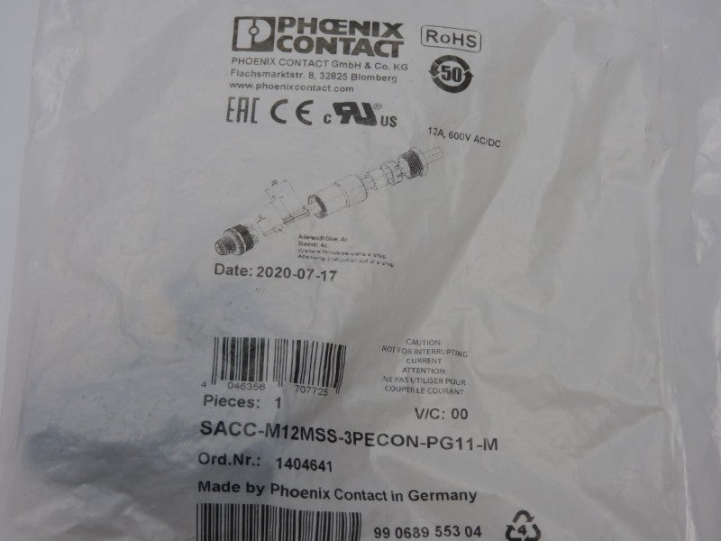 PHOENIX CONTACT SACC-M12MSS-3PECON-PG11-M 1404641 600V 12A NSMP