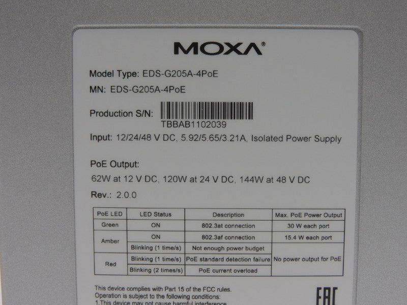 MOXA EDS-G205A-4POE REV. 2.0.0 48VDC 5.92A NSMP