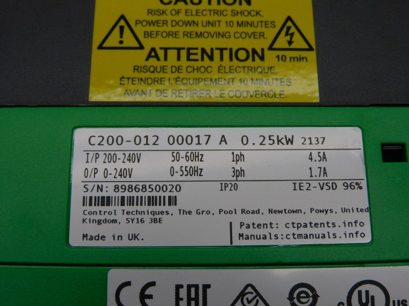 CONTROL TECHNIQUES C200-01200017A10100AB100 F/W 01.10.00.20 0-240V 4.5A NSMP