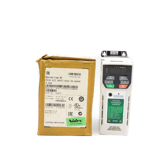 CONTROL TECHNIQUES M200-02200075A10100AB100 F/W 01.05.00.10 0-240V 18.1A NSMP