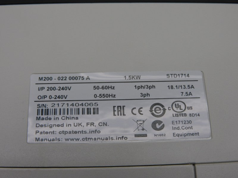 CONTROL TECHNIQUES M200-02200075A10100AB100 F/W 01.05.00.10 0-240V 18.1A NSMP