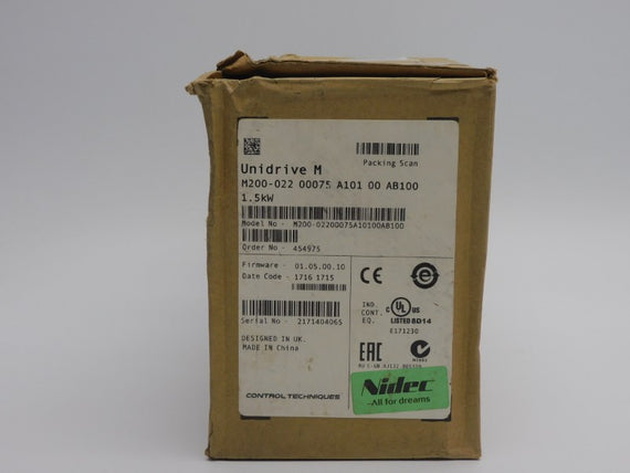 CONTROL TECHNIQUES M200-02200075A10100AB100 F/W 01.05.00.10 0-240V 18.1A NSMP