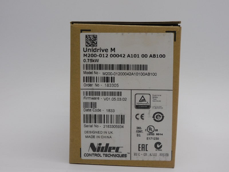 CONTROL TECHNIQUES M200-01200042A10100AB100 F/W V01.05.03.02 0-240V 10.4A NSMP