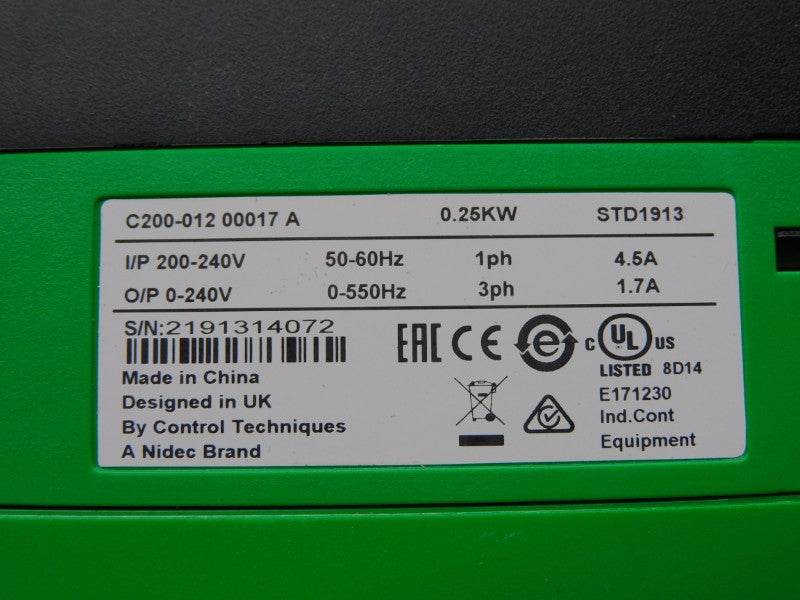 CONTROL TECHNIQUES C200-01200017A10100AB100 F/W V01.06.00.02 0-240V 4.5A NSMP