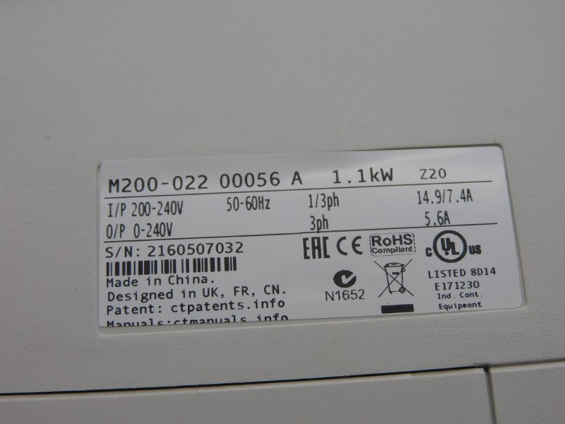 CONTROL TECHNIQUES M200-02200056A10100AB100 F/W 01.04.04.02 0-240V 14.9A NSMP