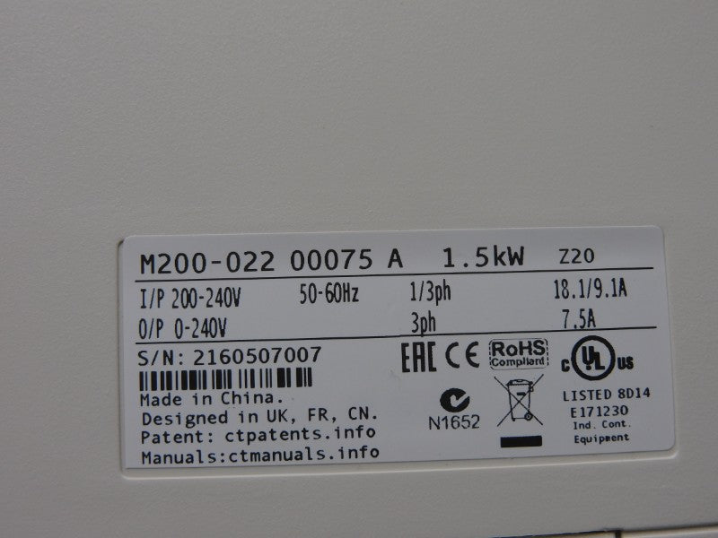 CONTROL TECHNIQUES M200-02200075A10100AB100 F/W 01.04.04.02 0-240V 18.1A NSMP