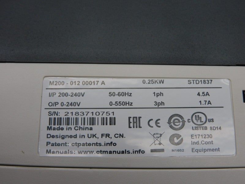 CONTROL TECHNIQUES M200-01200017A10100AB100 F/W V01.05.03.02 0-240V 4.5A NSMP