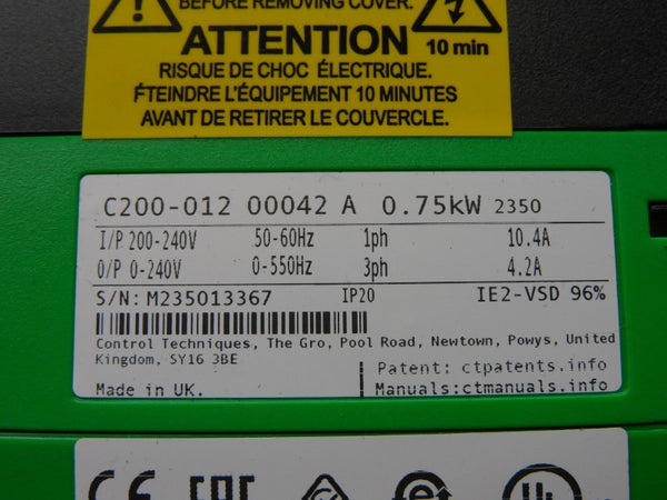 CONTROL TECHNIQUES C200-01200042A10100AB100 F/W 01.06.05.02 0-240V 10.4A NSMP