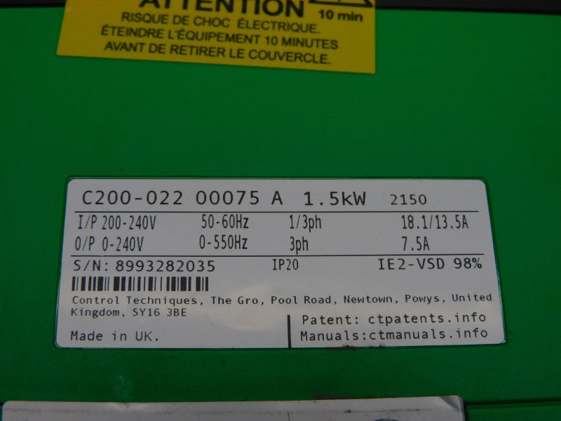 CONTROL TECHNIQUES C200-02200075A 0-240V 18.1A (NO COVER) UNMP