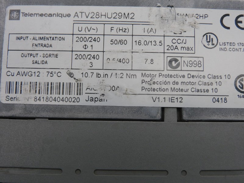 TELEMECANIQUE ATV28HU29M2 V1.1 200/240V 16.0/13.5A UNMP