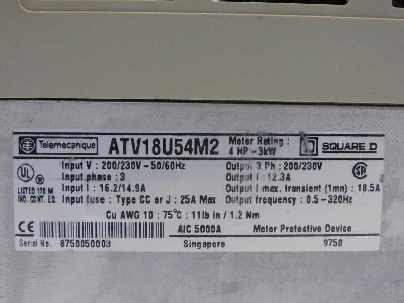 TELEMECANIQUE ATV18U54M2 200/230V 16.2/14.9A UNMP