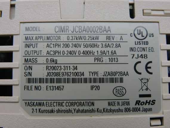 YASKAWA CIMR-JCBA0002BAA REV. A 0-240V 3.6A/2.8A NSMP