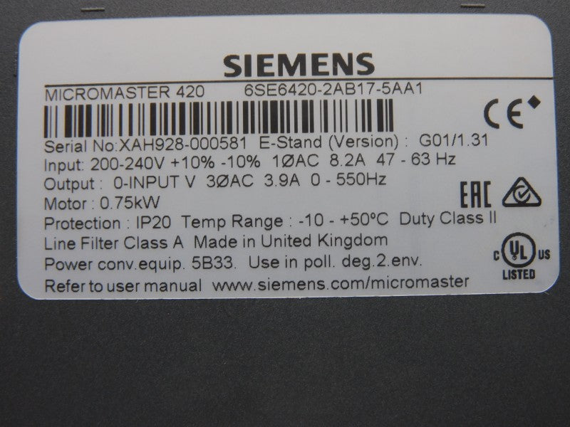 SIEMENS 6SE6420-2AB17-5AA1 VER. 1.31 200-240V 8.2A NSMP