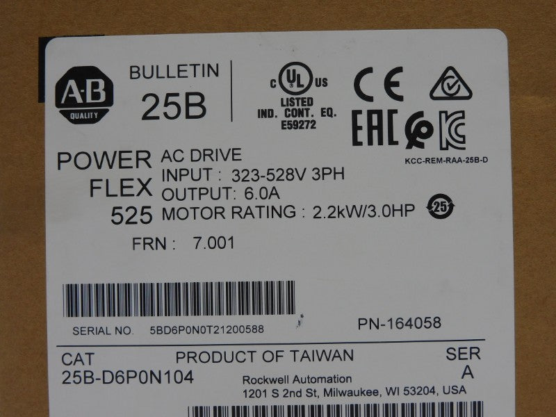 ALLEN BRADLEY 25B-D6P0N104 SER. A F/W 7.001 323-528V 6.0A DATE: 2021 NSFS