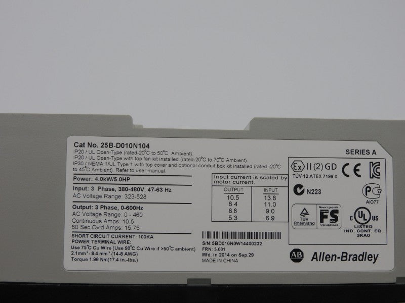 ALLEN BRADLEY 25B-D010N104 SER. A F/W 3.001 323-528V 13.8A NSMP