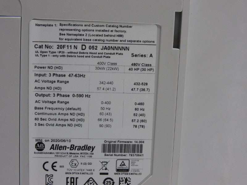 ALLEN BRADLEY 20F11ND052JA0NNNNN SER. A F/W 14.004 432-528V 52A NSNP