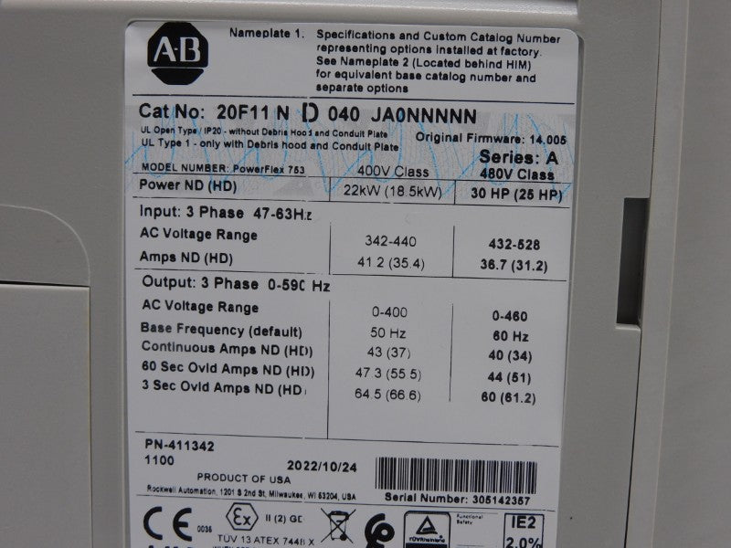 ALLEN BRADLEY 20F11ND040JA0NNNNN SER. A F/W 14.005 432-528V 40A NSNP