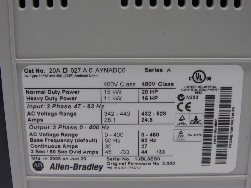 ALLEN BRADLEY 20AD027A0AYNADC0 SER. A F/W 3.003 480VAC 27A NSMP