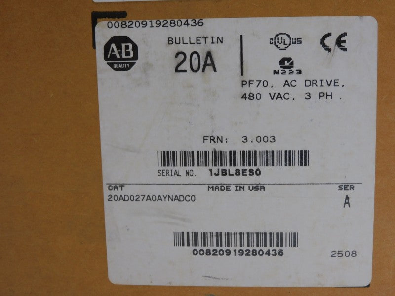 ALLEN BRADLEY 20AD027A0AYNADC0 SER. A F/W 3.003 480VAC 27A NSMP