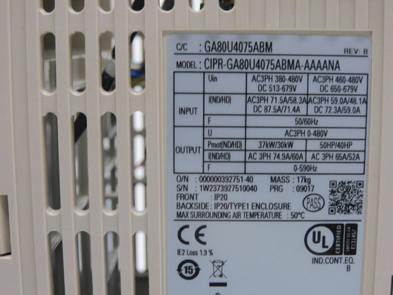 YASKAWA CIPR-GA80U4075ABMA-AAAANA REV. B 460-480V 87.5/71.4A NSNP