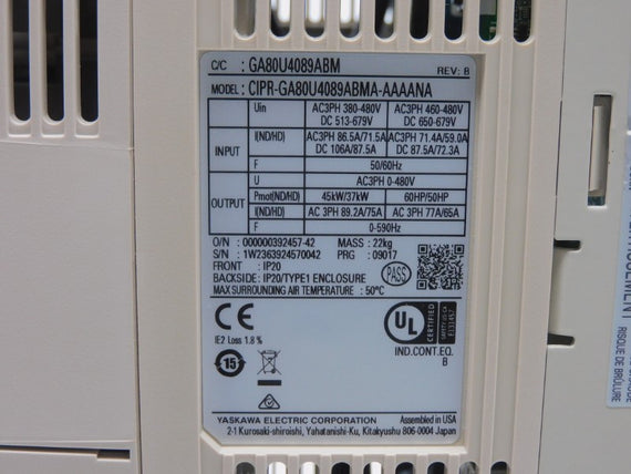 YASKAWA CIPR-GA80U4089ABMA-AAAANA REV. B 460-480V 106A/87.5A NSNP