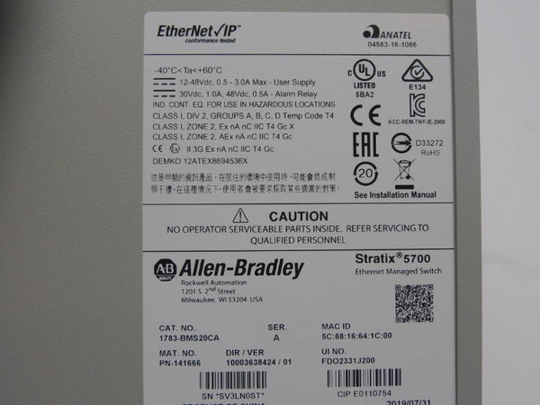 ALLEN BRADLEY 1783-BMS20CA SER. A VER. 01 48VDC 0.5-3.0A NSMP