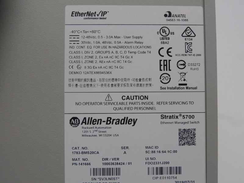 ALLEN BRADLEY 1783-BMS20CA SER. A VER. 01 48VDC 0.5-3.0A NSMP