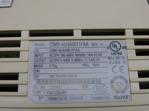 YASKAWA ELECTRIC CIMR-AU4A0011FAA REV. A 0-480V 14/10.4A NSNP
