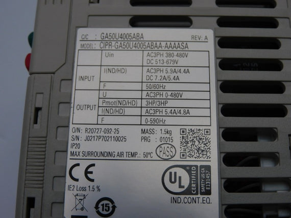 YASKAWA ELECTRIC CIPR-GA50U4005ABAA-AAAASA REV. A 513-679V 7.2/5.4A NSNP