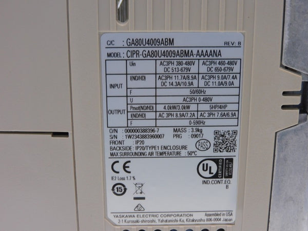 YASKAWA CIPR-GA80U4009ABMA-AAAANA 460-480VAC 9.0/7.4A REV. B NSNP